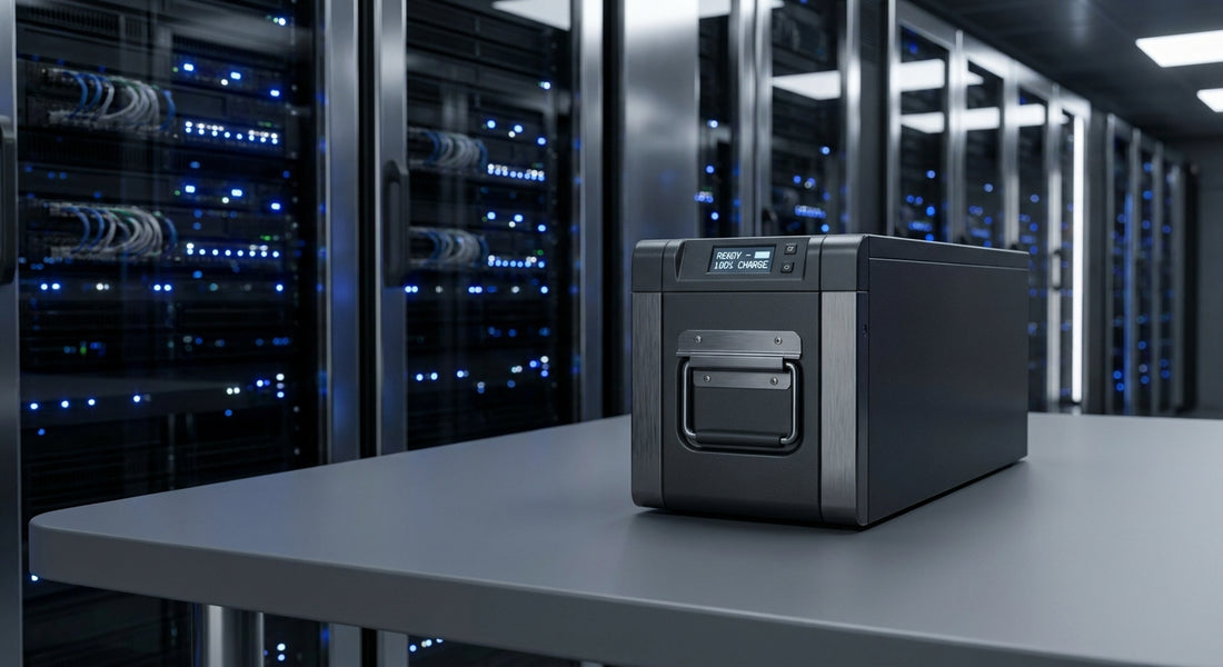 A UPS replacement battery cartridge positioned on a grey surface in front of softly blurred server rack equipment under cool blue lighting.