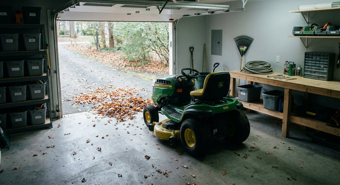 A ride-on lawn mower stored in a tidy garage during autumn, surrounded by fallen leaves with tools on a nearby workbench.