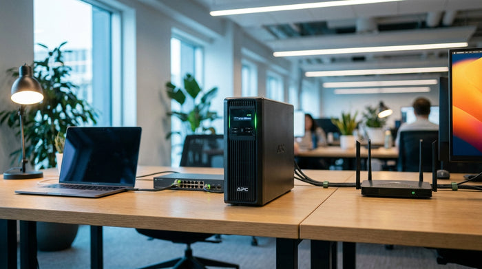 A modern UPS unit on a tidy office desk alongside a laptop and networking equipment, with green indicator lights glowing in a professional small business environment.