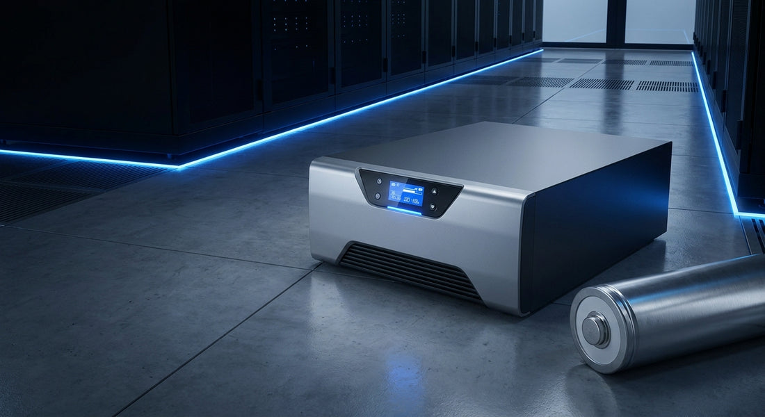 A UPS power backup unit with a lithium-ion battery on a server room floor bathed in cool blue ambient lighting.