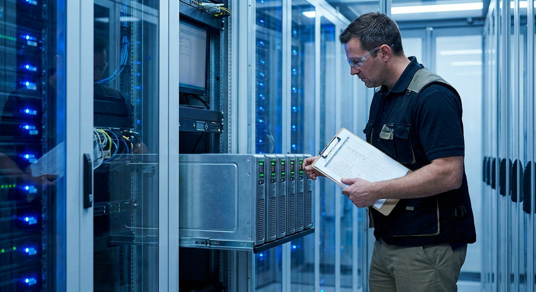 A facilities manager inspecting industrial UPS battery units in a modern server room, holding a maintenance checklist.