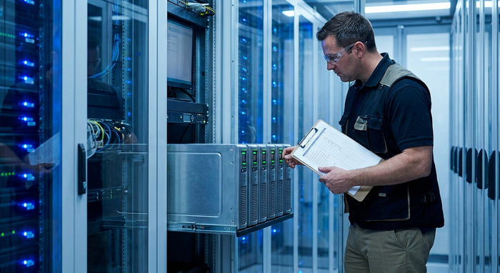 A facilities manager inspecting industrial UPS battery units in a modern server room, holding a maintenance checklist.