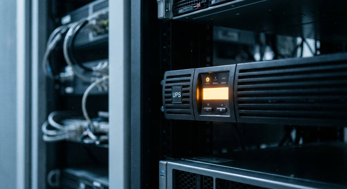 A UPS unit in a server room with an amber warning indicator light glowing on its front panel, surrounded by blurred rack-mounted IT equipment in cool blue-grey tones.