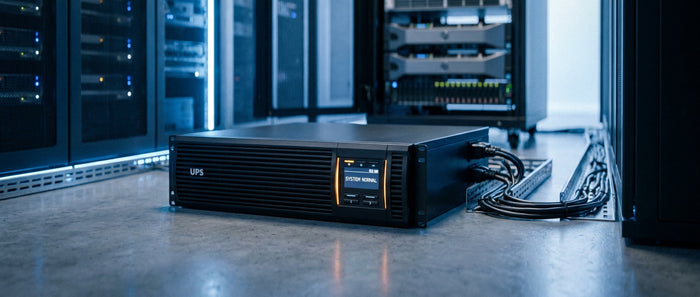 A modern UPS unit with glowing indicator lights positioned in front of a blurred server rack in a clean, professional data centre environment.