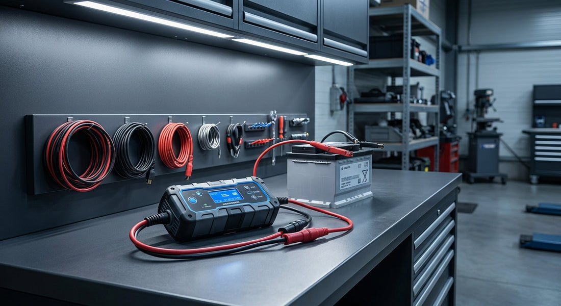 A professional smart battery charger connected to a car battery on a clean workshop bench in a trade garage setting.
