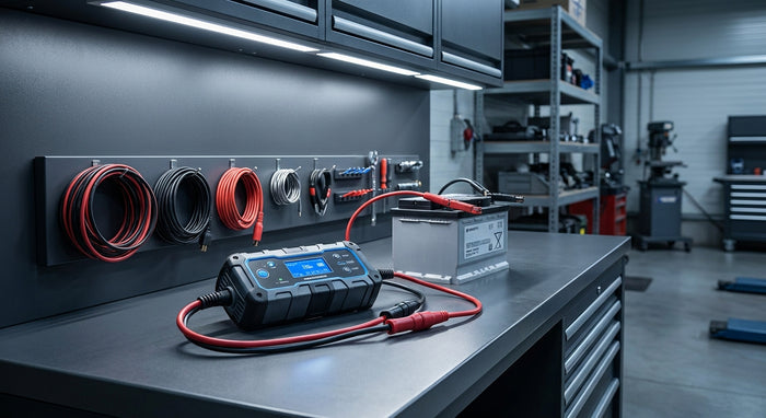 A professional smart battery charger connected to a car battery on a clean workshop bench in a trade garage setting.