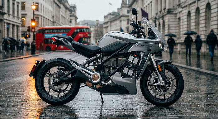A modern motorcycle parked on a wet urban street with its side panel open revealing the engine bay, shot in cool overcast British daylight.