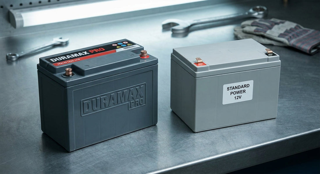 Two sealed lead-acid batteries placed side by side on a clean industrial workbench under neutral lighting, representing a comparison between a premium brand and a generic alternative.