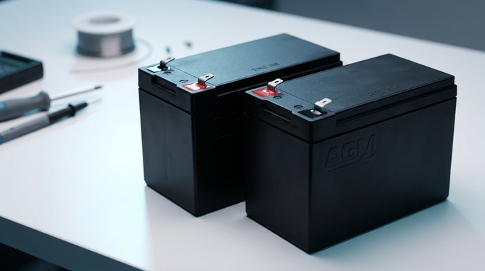 Two sealed AGM 12V batteries placed side by side on a clean white workshop surface under soft directional studio lighting.