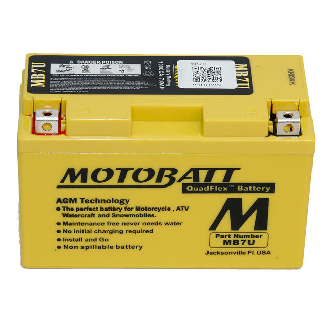 Motobatt battery with branding and specifications on a white background