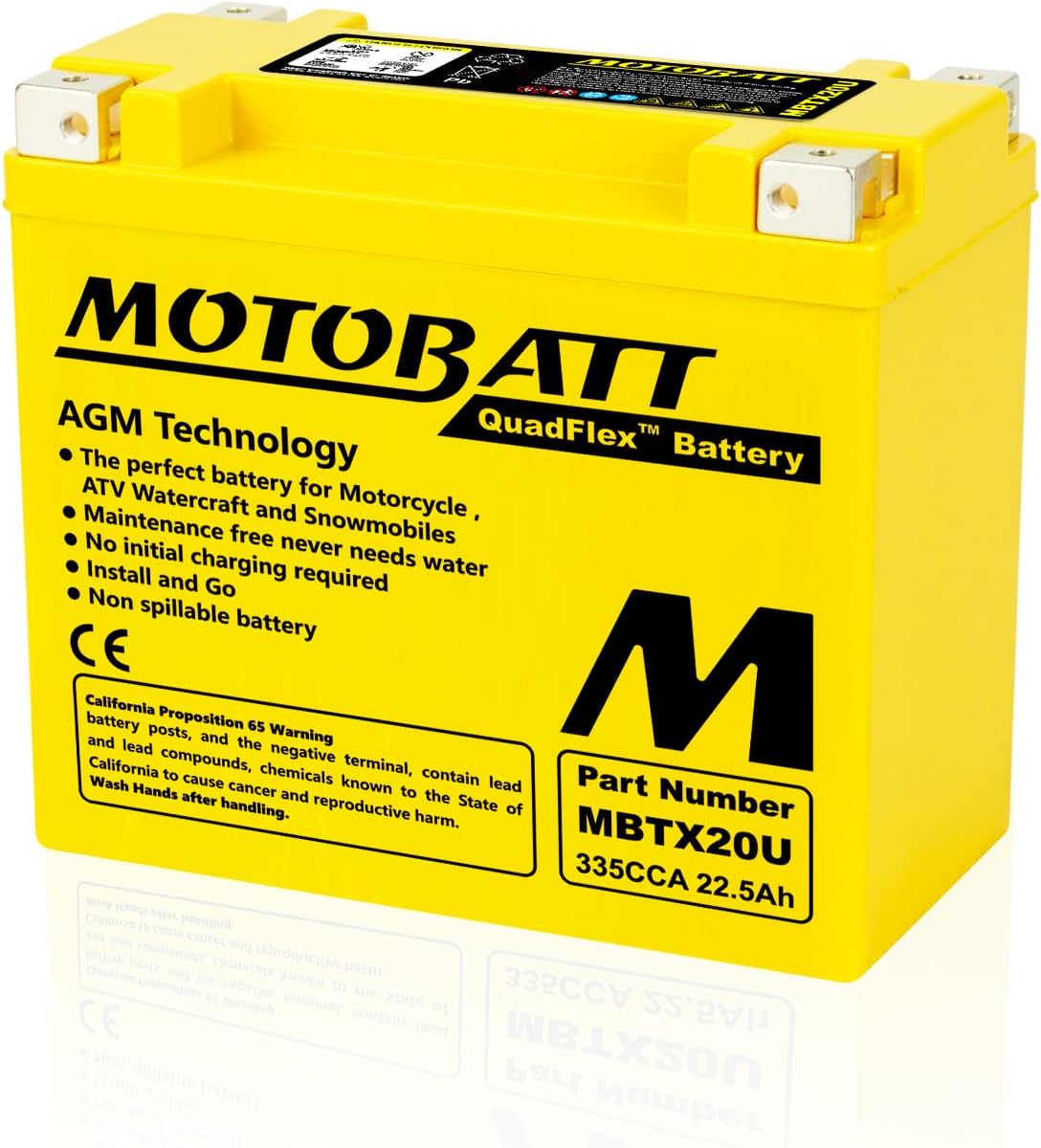 A bright yellow MOTOBATT QuadFlex battery with black and white text, shown at a three-quarter angle on a white background with a faint reflection.