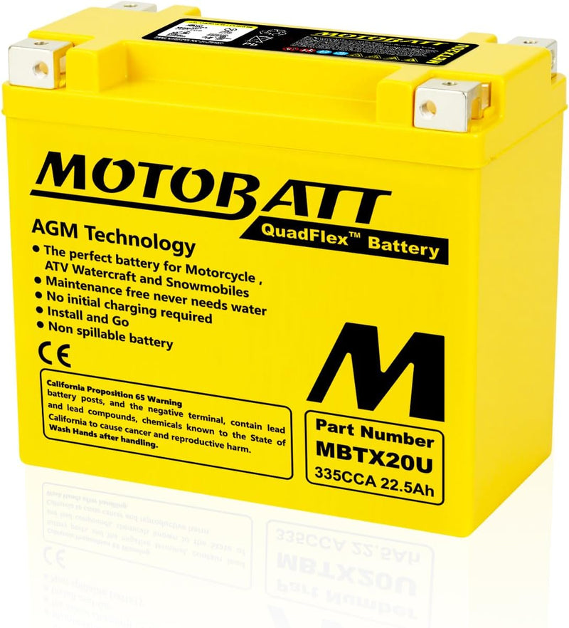 A bright yellow MOTOBATT QuadFlex battery with black and white text, shown at a three-quarter angle on a white background with a faint reflection.