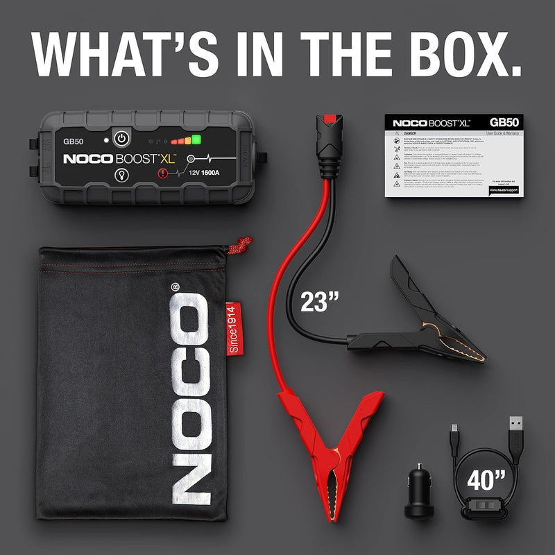 Noco gb50 showing what is supplied within the packaging