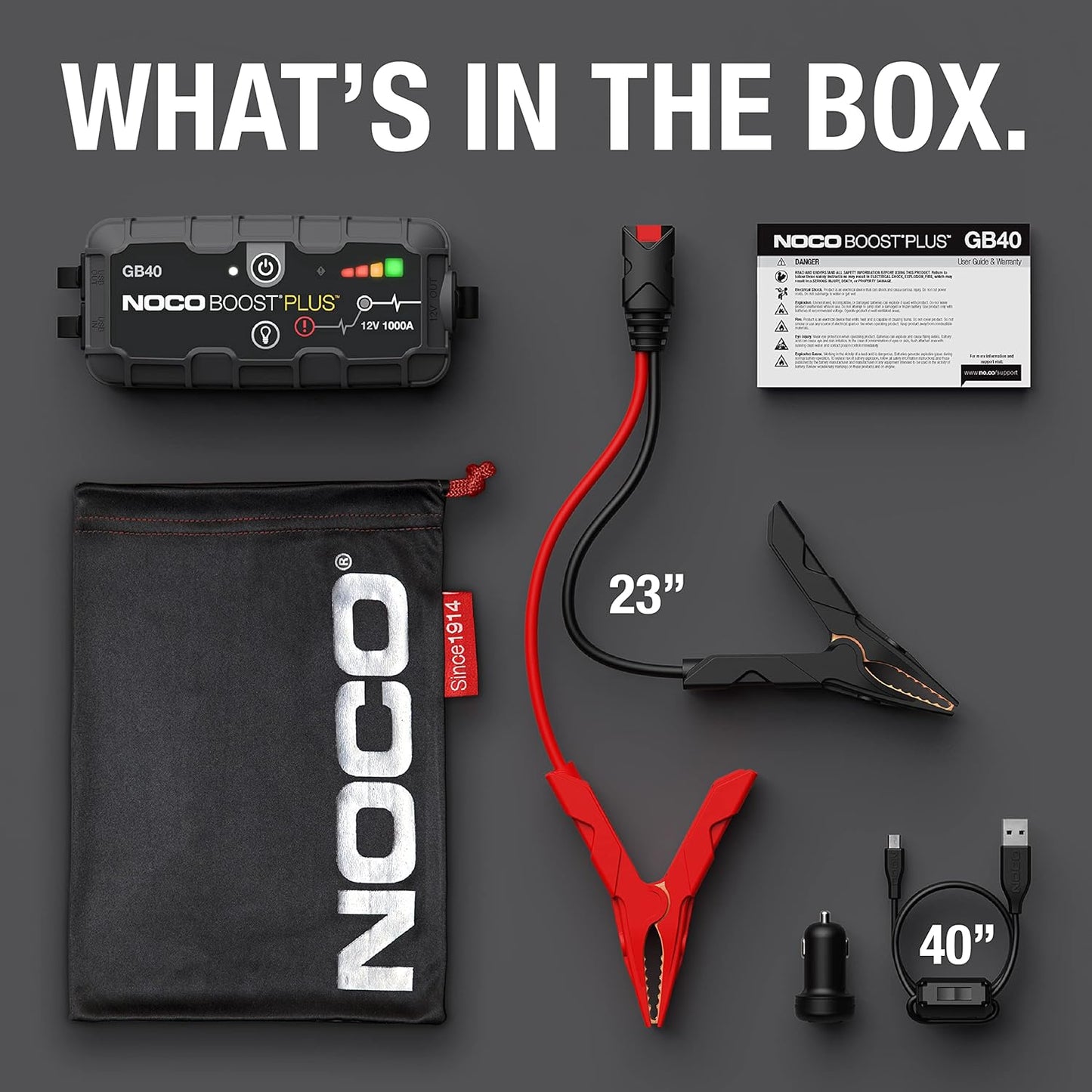 Noco gb40 showing what is supplied within the box