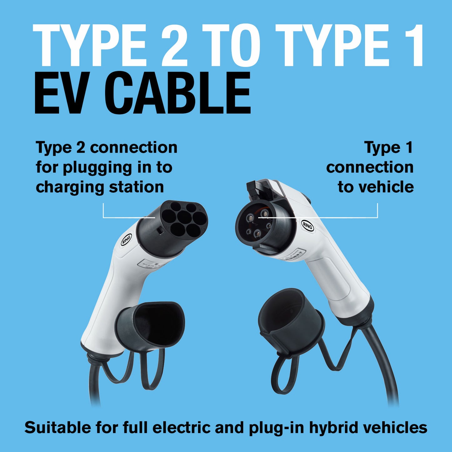 Ring RCC11605 Type 2 to Type 1 Electric Vehicle Charging Cable compatible with 16A, 1 Phase, Type 2 charge points