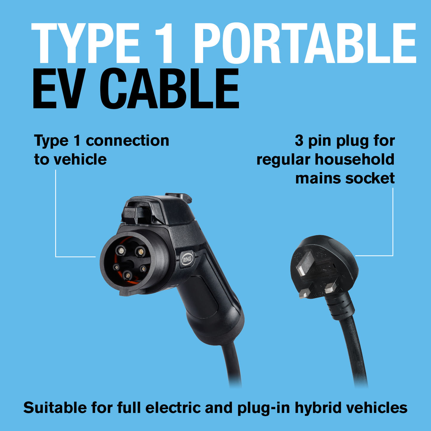 Ring RPC10A05 portable electric vehicle charging cable with a UK 3-pin to Type 1 connection