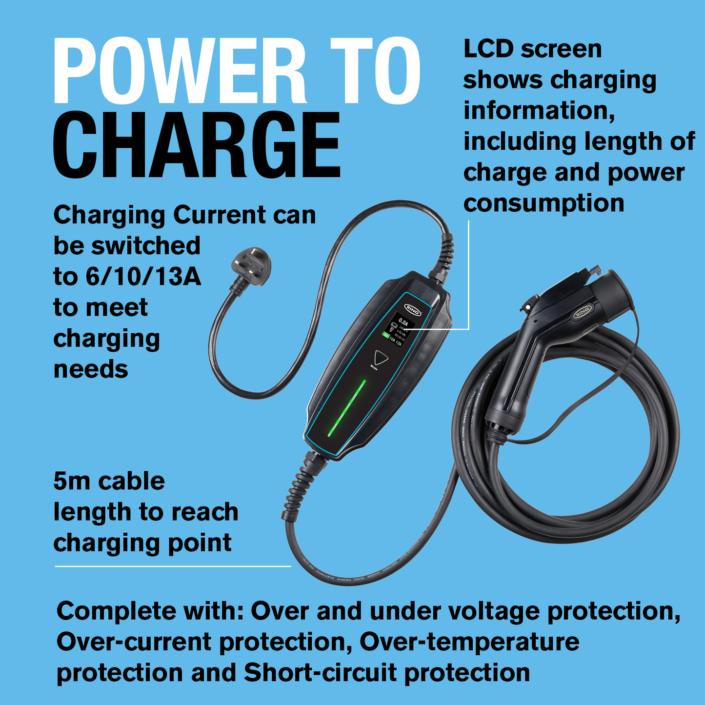 Ring RPC10A05 portable electric vehicle charging cable with a UK 3-pin to Type 1 connection
