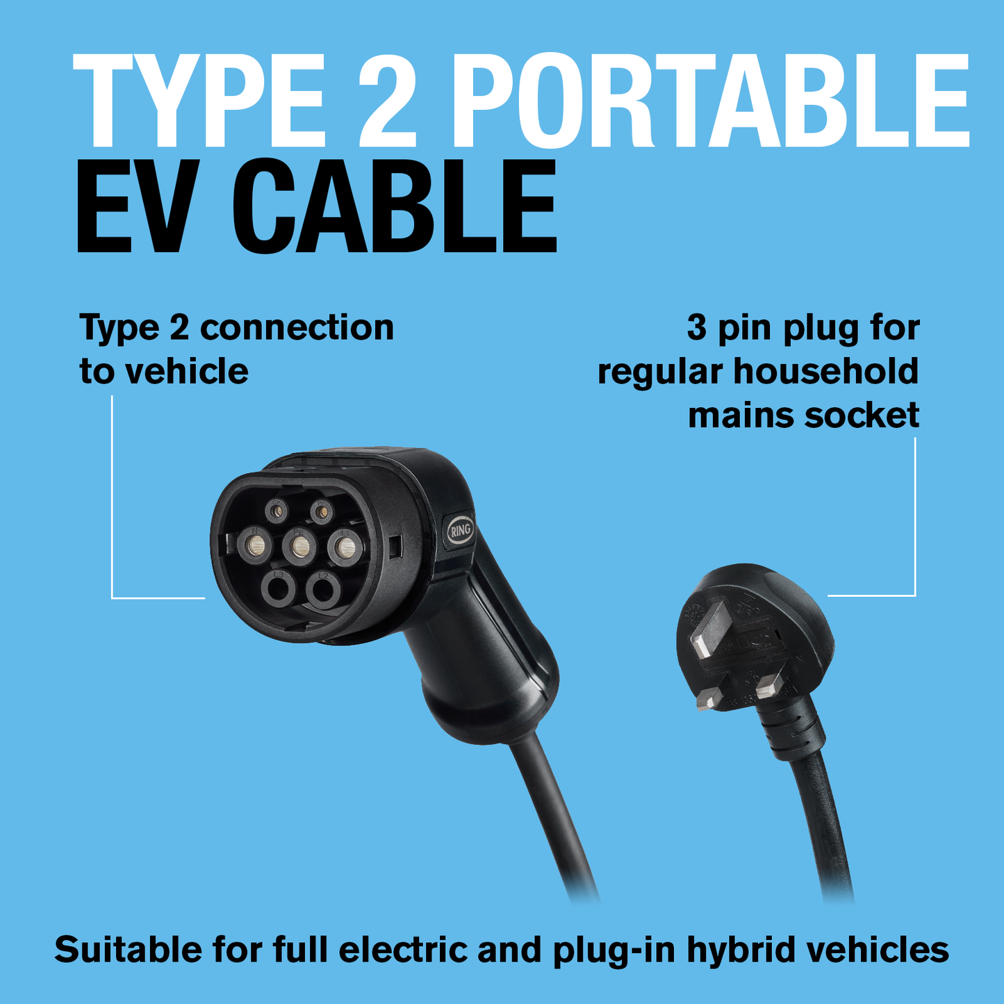 Ring RPC20A05 EV 3-pin Plug to Type 2 Electric Vehicle Charging Cable