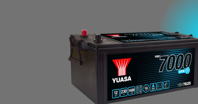 Yuasa battery with specifications on a gray background
