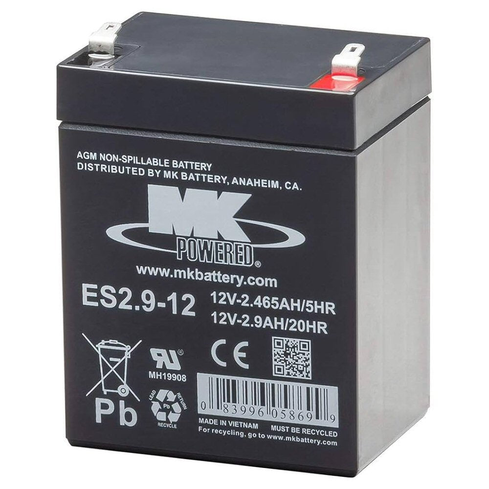 An MK Battery ES2.9-12 AGM non-spillable battery with a black casing, white printed text and logo, and a red terminal cover on the positive terminal, shown on a white background.