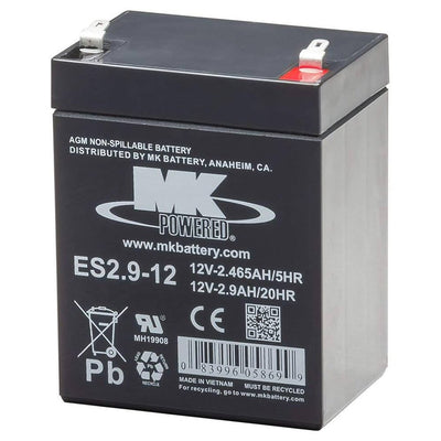 An MK Battery ES2.9-12 AGM non-spillable battery with a black casing, white printed text and logo, and a red terminal cover on the positive terminal, shown on a white background.