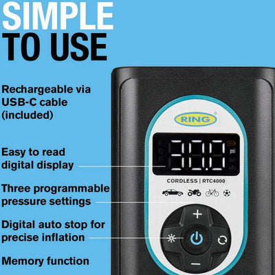 Ring rtc4000 how to use with 3 programmable pressure settings, autostop and memory function so you never have to set tyre pressure manually