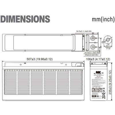 MK12100T Telecom 12v 100Ah Front Terminal MK Battery
