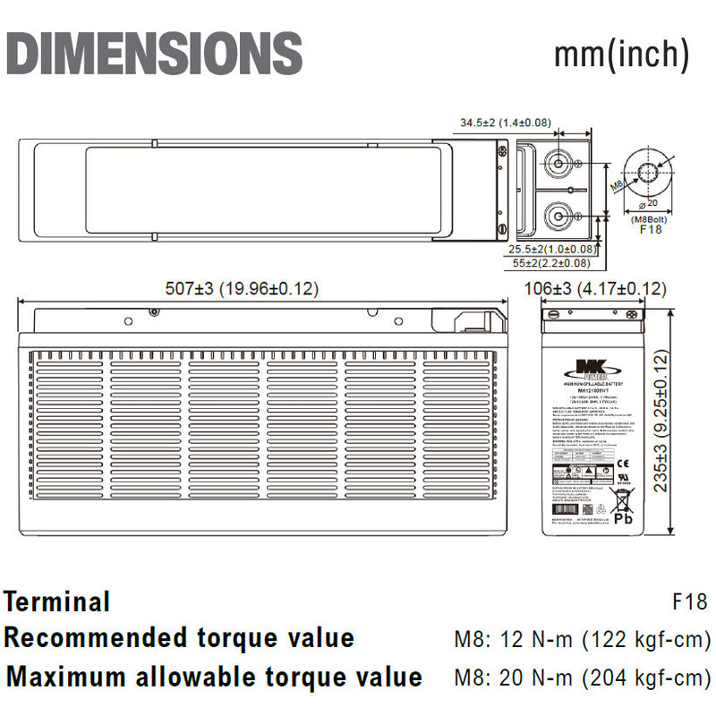 MK12100THT Telecom 12v 100Ah Front Terminal MK Battery