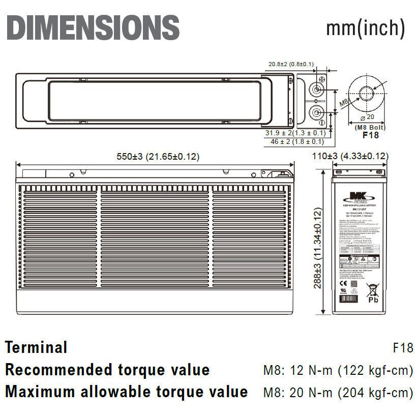 MK12125T Telecom 12v 125Ah Front Terminal MK Battery
