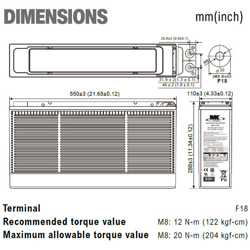 MK12125T Telecom 12v 125Ah Front Terminal MK Battery