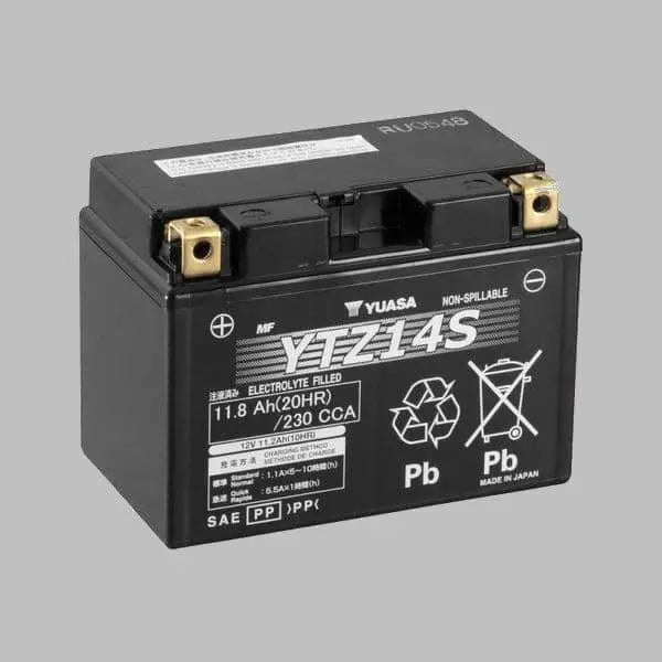 dark yuasa motorcycle battery with grey writing