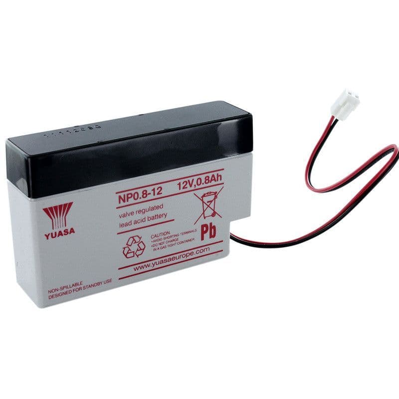 Yuasa NP0.8-12 Battery 12 Volt 0.8 Ah, colour of battery is grey with red writing.
