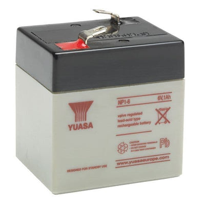 Yuasa NP1-6 Battery 6 Volt 1 Ah, colour of battery is grey with red writing.