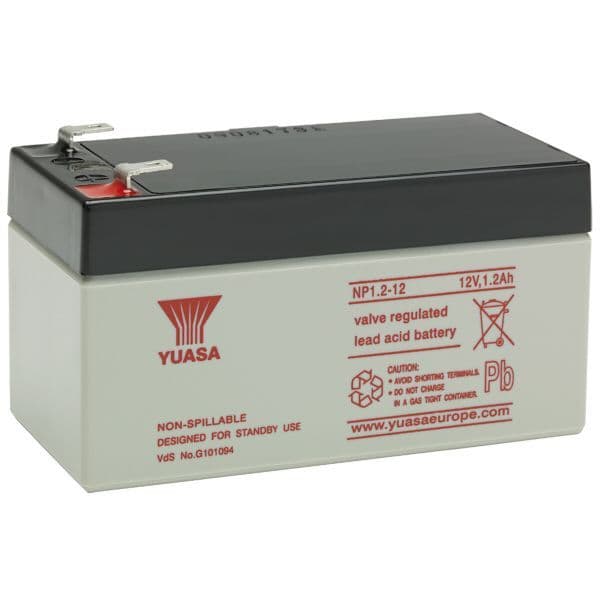 Yuasa NP1.2-12 Battery 12 Volt 1.2 Ah, colour of battery is grey with red writing.