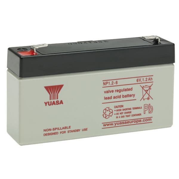 Yuasa NP1.2-6 Battery 6 Volt 1.2 Ah, colour of battery is grey with red writing.