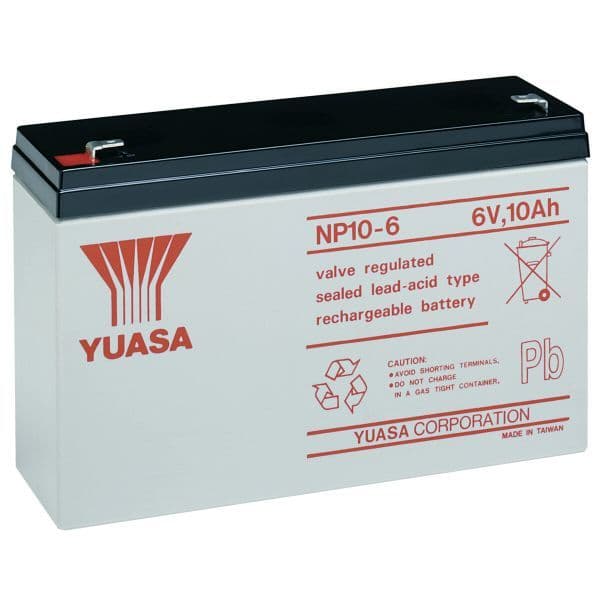 Yuasa NP10-6 Battery 6 Volt 10 Ah, colour of battery is grey with red writing.