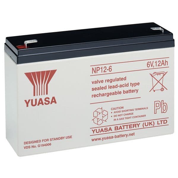 Yuasa NP12-6 Battery 6 Volt 12 Ah, colour of battery is grey with red writing.