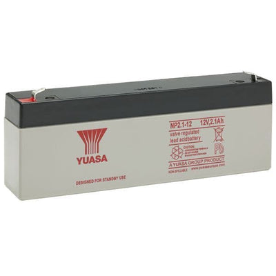 Yuasa NP2.1-12 Battery 12 Volt 2.1 Ah, colour of battery is grey with red writing.
