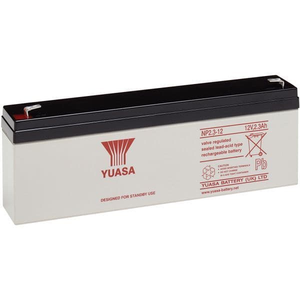 Yuasa NP2.3-12 Battery 12 Volt 2.3 Ah, colour of battery is grey with red writing.