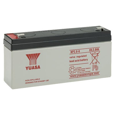 Yuasa NP2.8-6 Battery 6 Volt 2.8 Ah, colour of battery is grey with red writing.