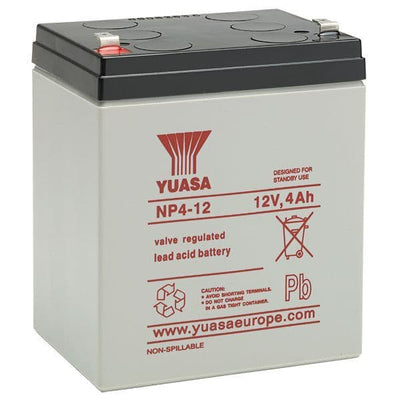 Yuasa NP4-12 Battery 12 Volt 4 Ah, colour of battery is grey with red writing.