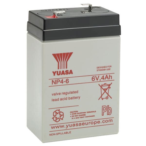 Yuasa NP4-6 Battery 6 Volt 4 Ah, colour of battery is grey with red writing.