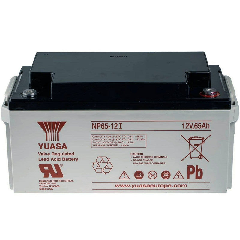 Yuasa NP65-12 Battery 12 Volt 65 Ah, colour of battery is grey with red writing.