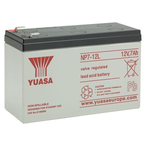 Yuasa NP7-12L Battery 12 Volt 7 Ah, colour of battery is grey with red writing.
