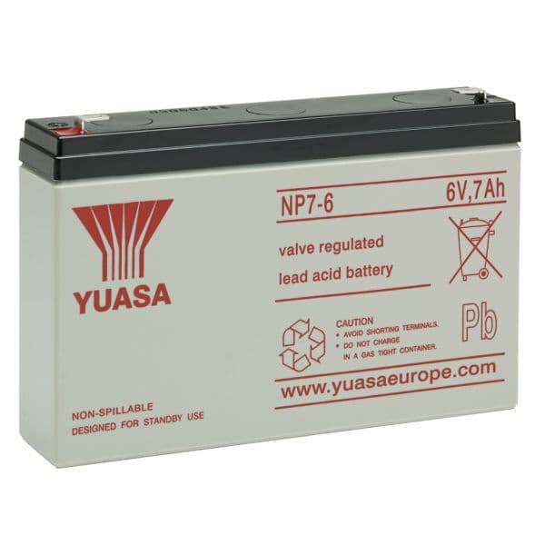 Yuasa NP7-6 Battery 6 Volt 7 Ah, colour of battery is grey with red writing.