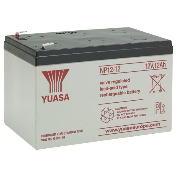 Yuasa NP12-12 Battery 12 Volt 12 Ah, colour of battery is grey with red writing.