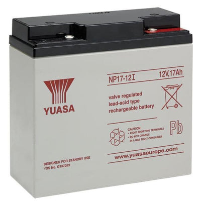 Yuasa NP17-12 Battery 12 Volt 17 Ah, colour of battery is grey with red writing.