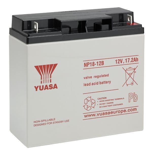Yuasa NP18-12 Battery 12 Volt 17.2 Ah, colour of battery is grey with red writing.