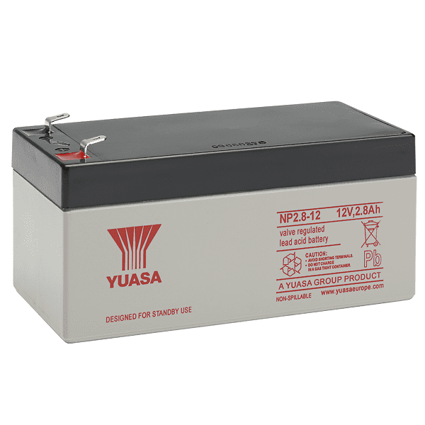 Yuasa NP2.6-12 Battery 12 Volt 2.6 Ah, colour of battery is grey with red writing.