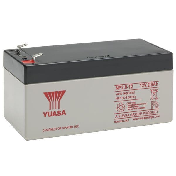 Yuasa NP2.8-12 Battery 12 Volt 2.8 Ah, colour of battery is grey with red writing.